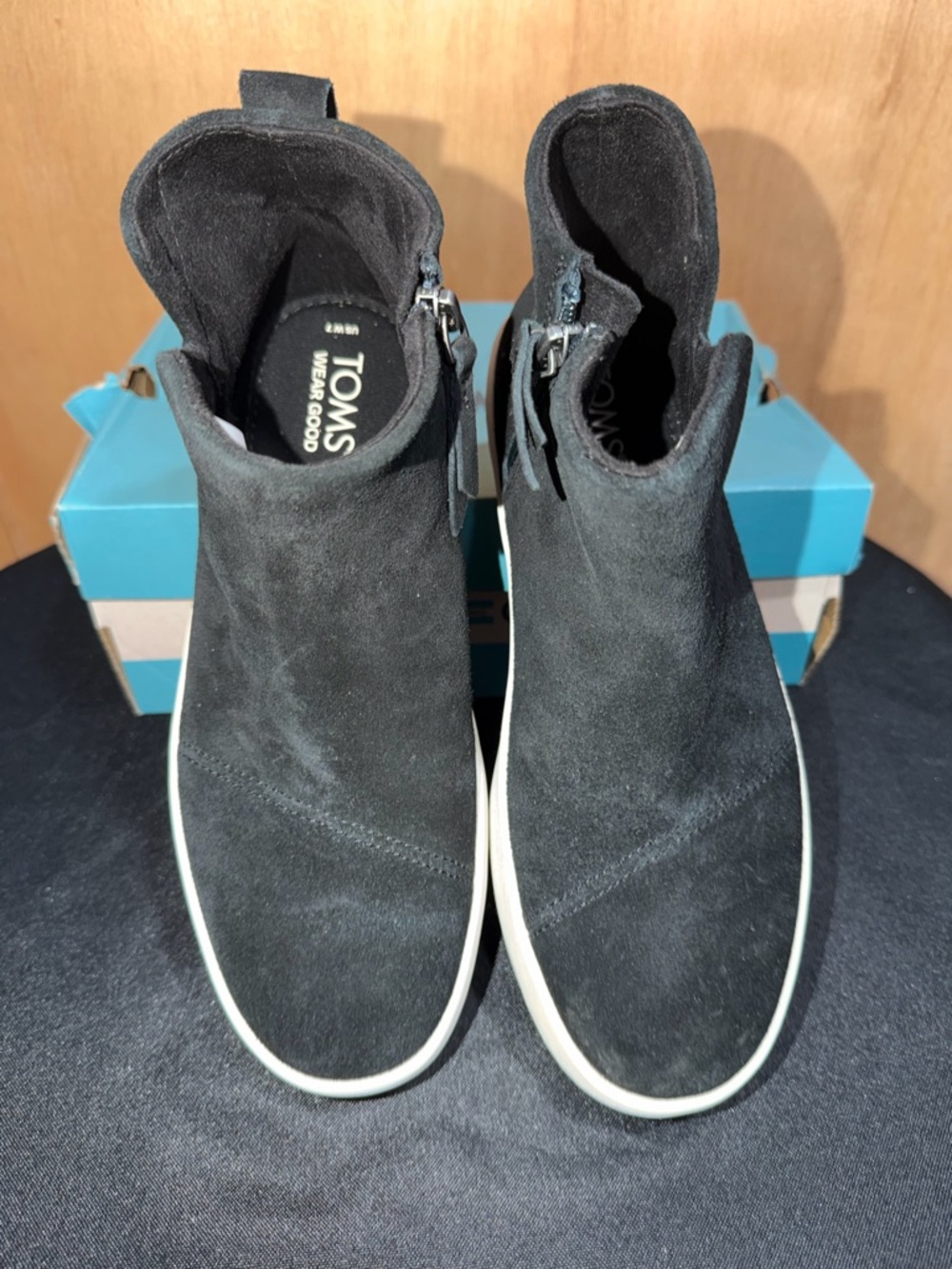 Toms Black Suede Slip-On Ankle Booties with White Sole
